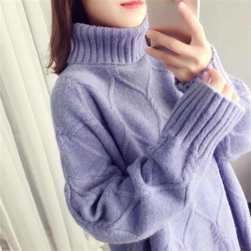 Cold-proof Warm Sweater Solid Color Turtleneck Sweater Women Plus Velvet Thick Autumn and Winter