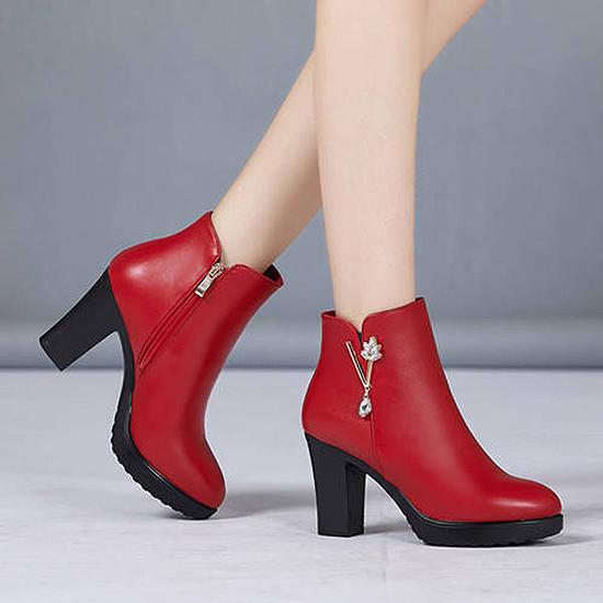 Pair of Boots Woman Ankle Boots Women Leather Shoes Winter High Heel Boots Plush Fashion Female Boot