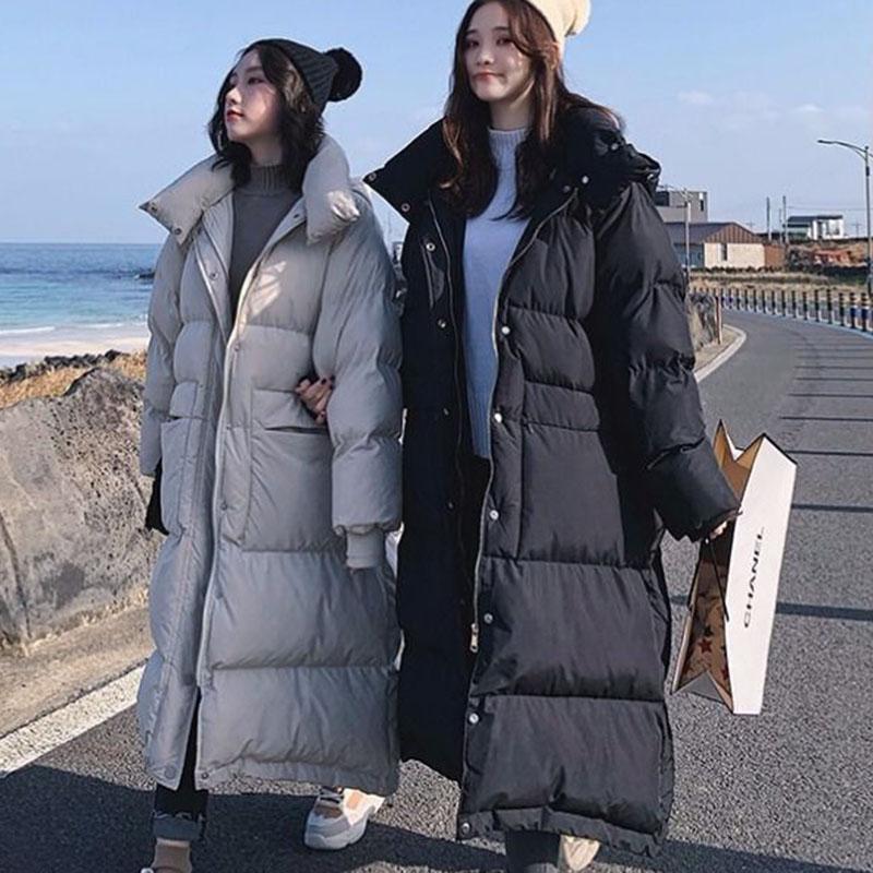 Winter Mid-length Loose Down Cotton Jacket Ins Style Big Fur Collar Over The Knee Coat Pure Color Simple Female Cotton Jacket