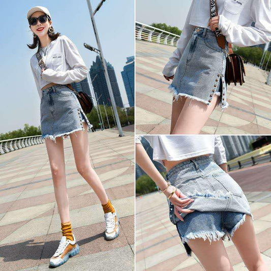 WTEMPO Women's Denim Skirt Summer High Waist A-line Button Zipper Culottes Club Casual Party Street Wear