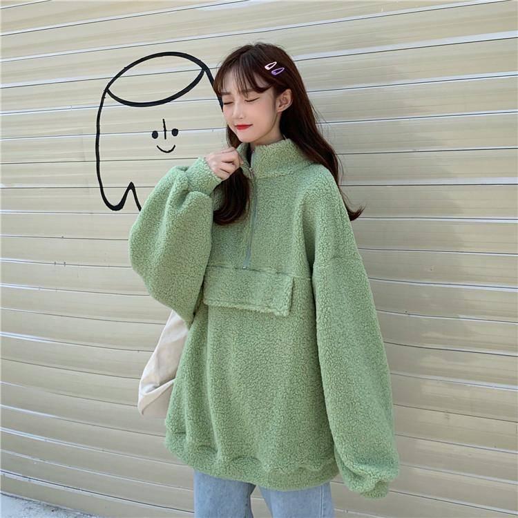 Half Zipper Stand-up Collar Padded Sweater Student Lazy Style Loose Coat Women