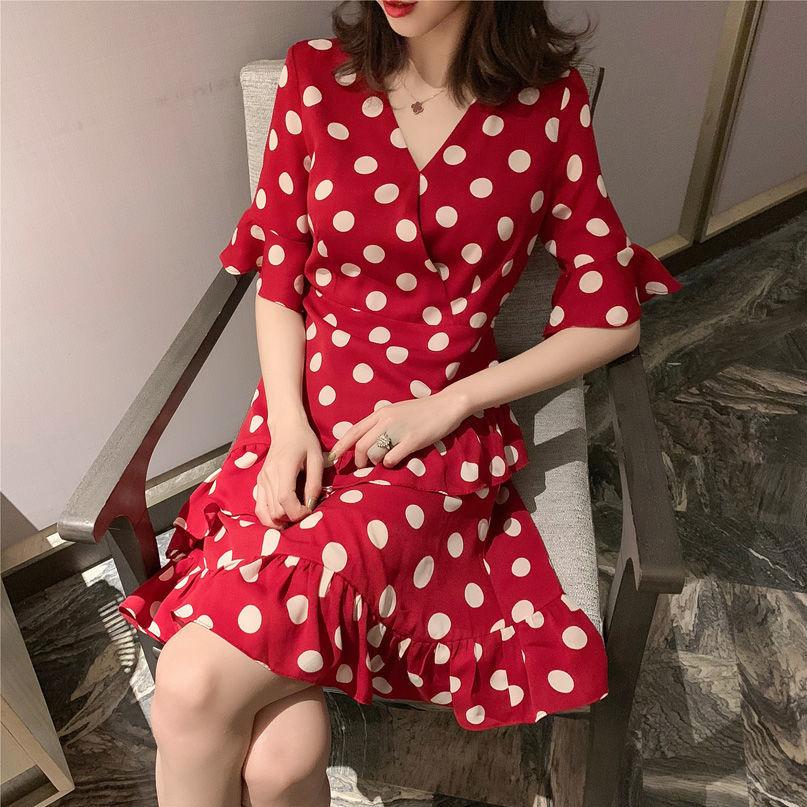 Women's Summer Korean Elegant Medium Length V-neck Wave Point Ruffle Waist Retro Slim Dress