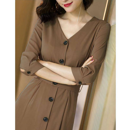 Shirt Dress Women Elegant Button Sash Belt Office Ladies Dresses Summer Ladies Khaki Work Dress