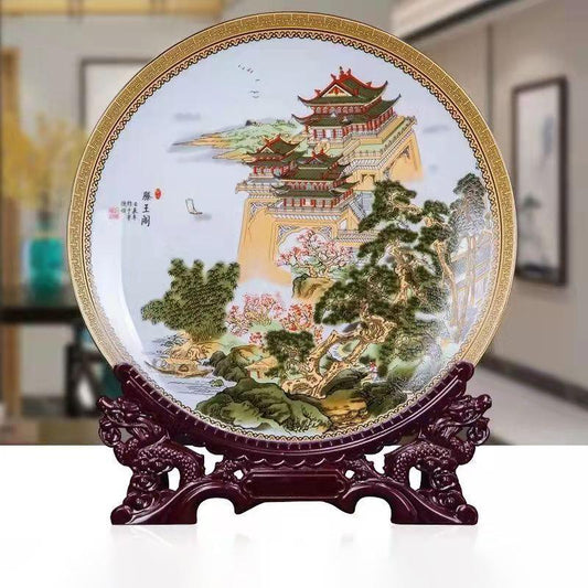 26cm Autumn Mountain Creek Famille Rose Porcelain Plate Chinese Traditional Ornaments Antique Cultural Relics Ornaments