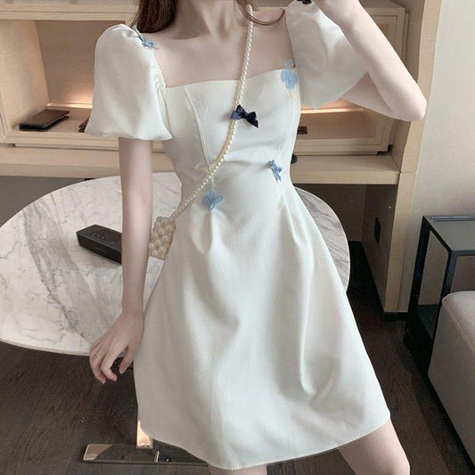 Ladies Summer French Elegant Sweet Square Neck White Thin Short Bow Bubble Sleeve A-line Dress