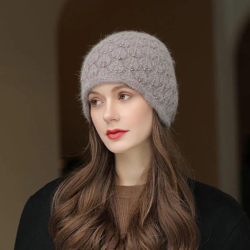 Women's Hat Autumn Winter Thickening Warm Beret Hat Cold-proof Rabbit Fur Blended Knitted Hat Windproof Beanies Cap Headgears Solid Pearl Decor Hat