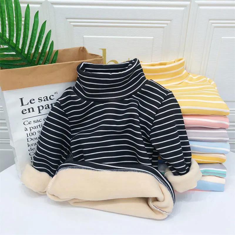 Children's Thermal Underwear Top Winter Turtleneck Bottoming Shirt Children's Clothing with Fleece Stripes