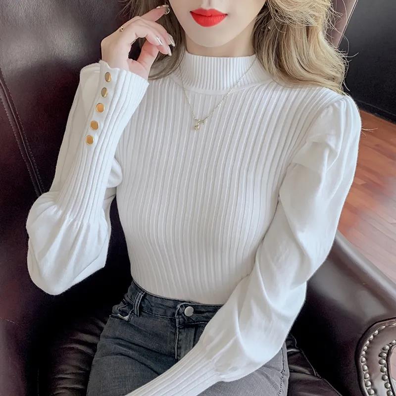 Autumn and Winter Fashion Semi-high Collar Bubble Lantern Sleeve Knitted Bottoming Shirt Feminine Temperament Sweater Top