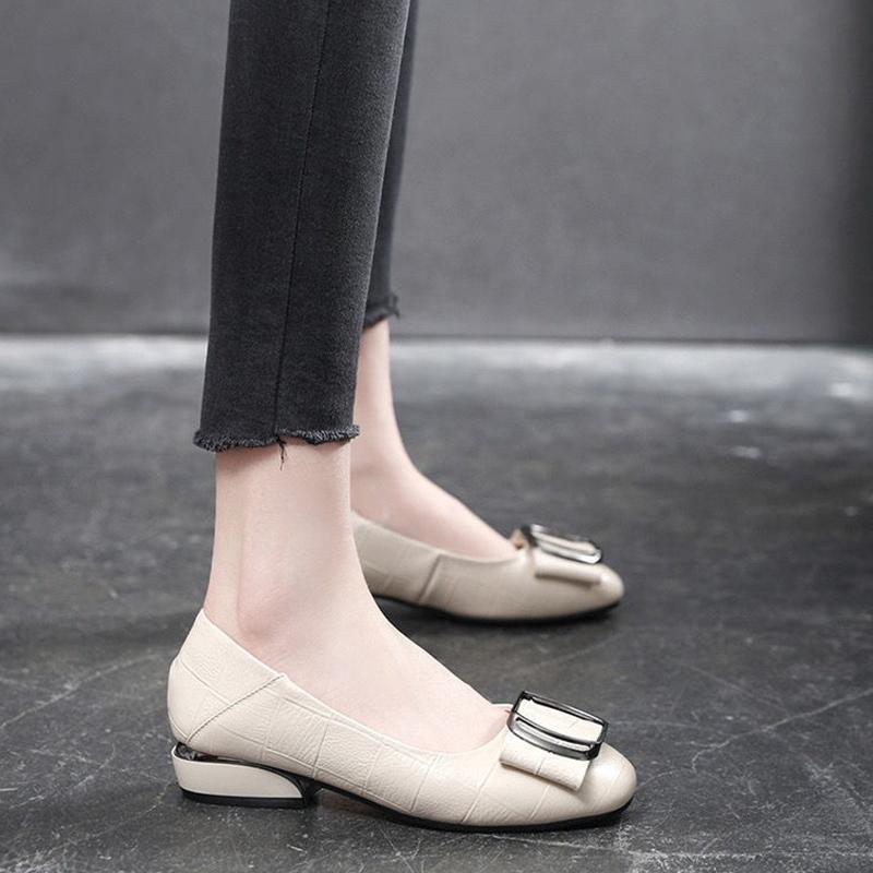 Genuine Leather Shoes Ladies Spring and Autumn Flat Thick Heel Shallow Mouth Mid-heel Casual All-match Low-heeled Leather Shoes