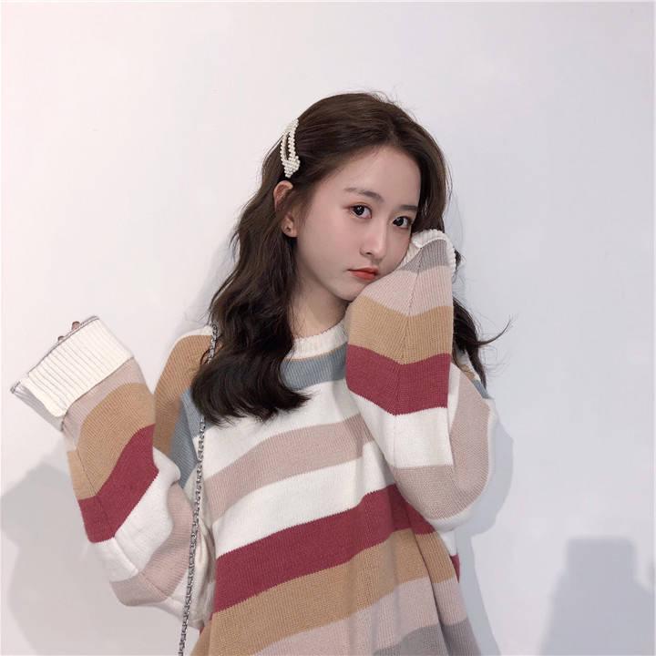 Pofulove Loose Pullover Sweater Women Autumn  Winter Cute Colored Striped Knitted Sweater Student