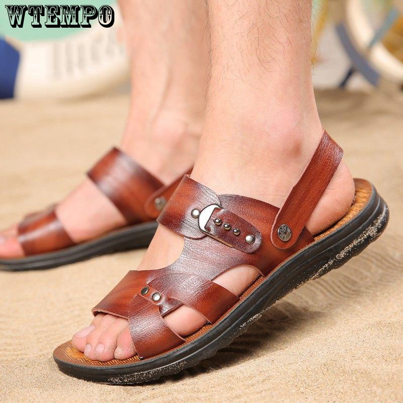 Summer Sandals Men Leather Classic open-toed Slipper Outdoor Beach Rubber Summer Shoes