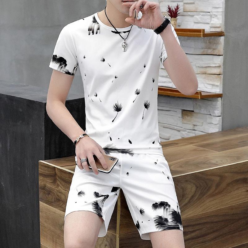 Short-sleeved Men's Summer Leisure Korean Version of The Trend of Ice Silk Half-sleeved T-shirt Suit Youth Shorts Two-piece