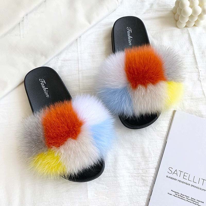 Furry Slippers for Women The Same Style In Summer Fashion Real Fox Fur Slippers Plus Size Female Sandals