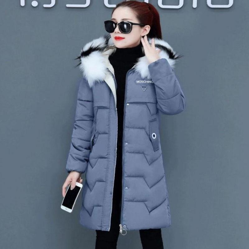 Ladies Down Jacket Winter Fashion Big Fur Collar Hooded Jacket Thick and Cotton Warm Mid-length Jacket