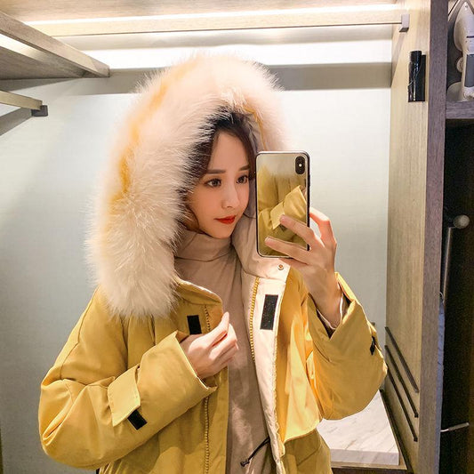 Fashionable Mid-length Down Cotton Winter Outdoor Fur Collar Thick Windproof Warmth Loose Down Padded Jacket