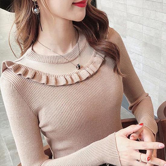 2019 Autumn Winter Women Ladies Long Sleeve RuffleNeck Slim Knitted Sweet Sweater Top Femme Jumper