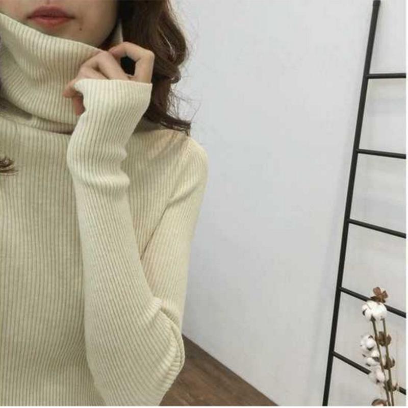 Pofulove long sleeve pullover base sweater autumn and winter tops Slim pile turtleneck sweater women