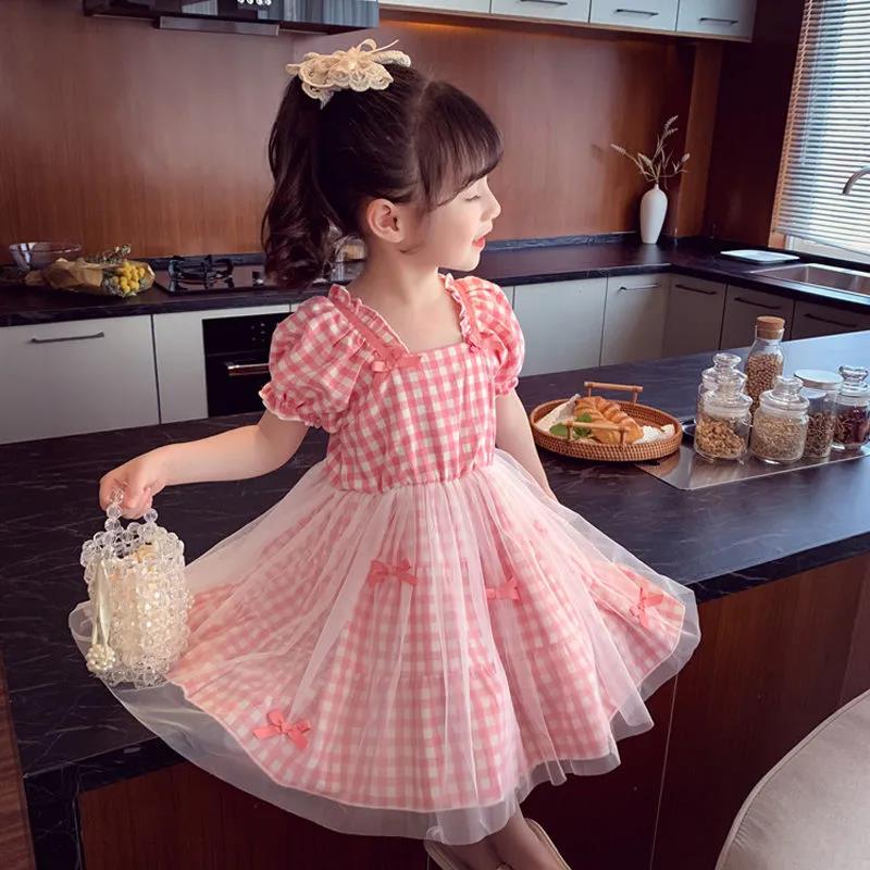 Girls Summer Children's Checkered Net Gauze Dress Little Girl Puff Sleeve Pleated Dress