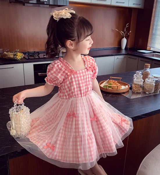 Girls Summer Children's Checkered Net Gauze Dress Little Girl Puff Sleeve Pleated Dress