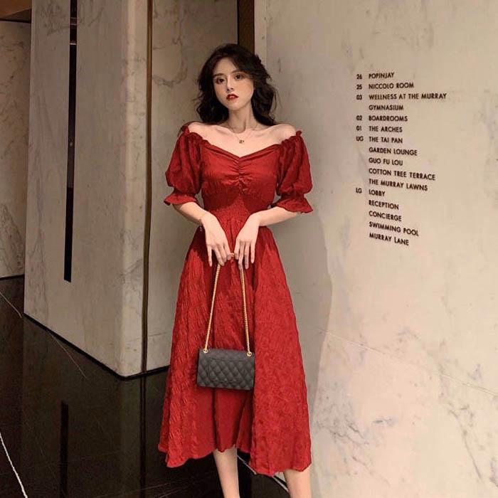 Pofulove Women Vintage Chiffon Puff Sleeve Off Shoulder Dress Sexy V-neck Short Sleeve Long Dresses