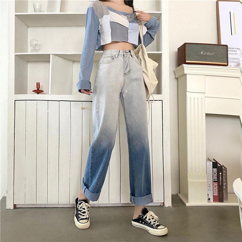 Autumn Design Sense Gradient High-waisted Jeans Women's Straight Loose Wide-leg Trousers Trend