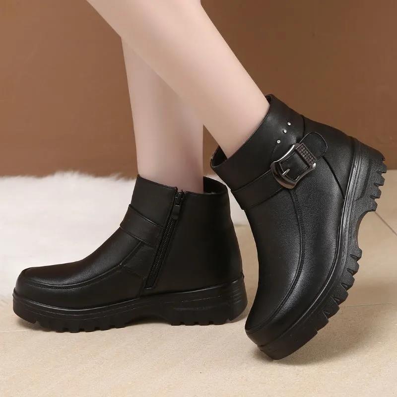 Winter Snow Cotton Shoes Women Plus Velvet Padded Short Boots Non-slip Soft Flat Leather Shoes