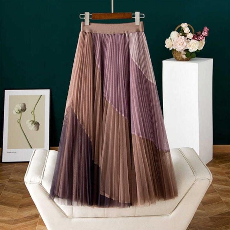 Summer Pleated Printed Mesh Skirt High Waist Thin Elastic Waist Mid-length Large Swing Skirt Women