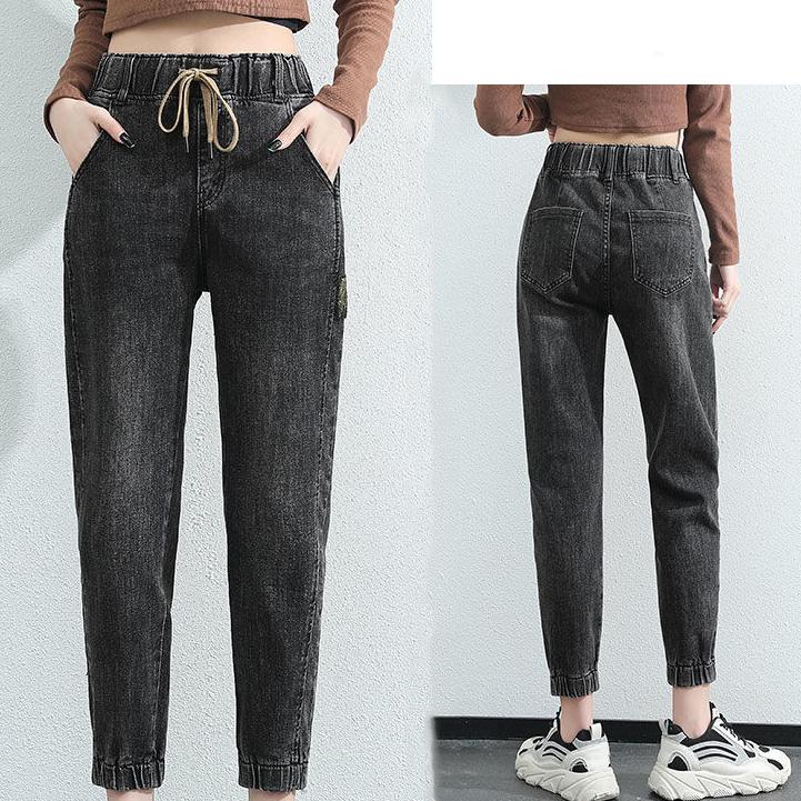 Women Spring and Autumn Large Size Streetwear Cropped Jeans Loose Solid Color High Waist Elastic Casual Jeans