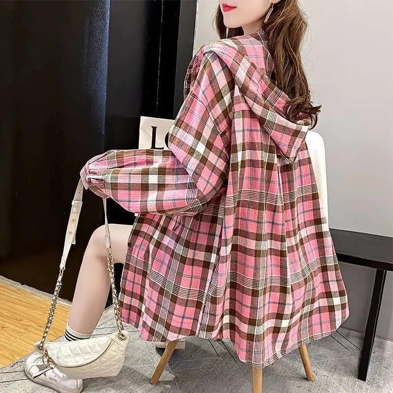 Women Plaid Shirt Retro Contrast Color Cotton Coat Casual Hooded Button Shirt for Youth