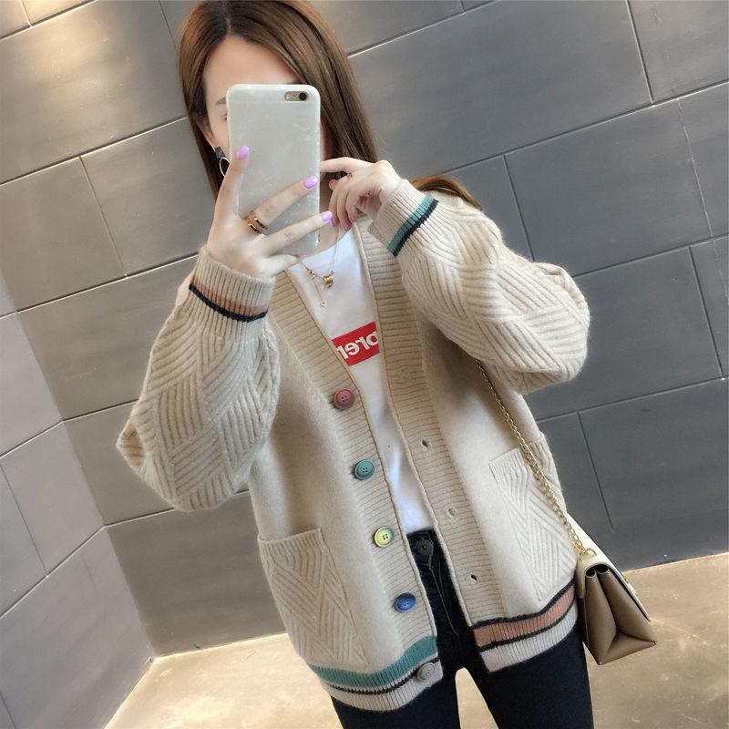 Women's Sweater Jacket Short Spring and Autumn Loose Outer Knit Cardigan Long-sleeved Stitching Color Warm Sweater Jacket