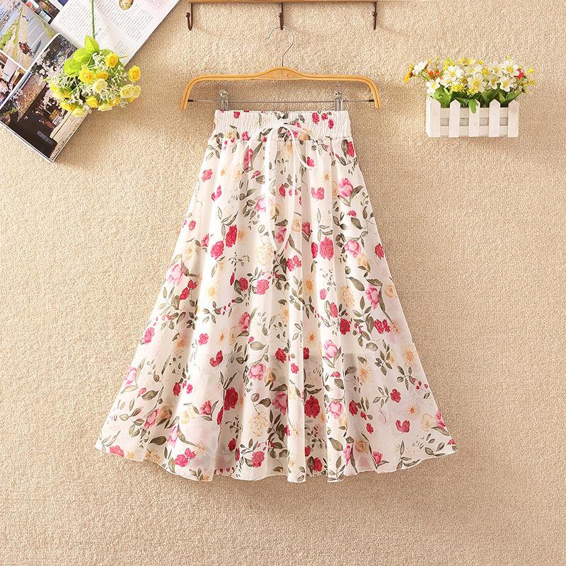 Elastic Waist Pleated Floral Skirt Summer Women's High Waist Mid-length A-line Draping Chiffon Fairy Dress