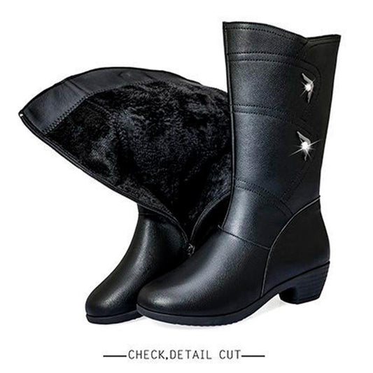 Winter Ladies Mid-heel Leather Boots Middle-aged Mother Mid-tube Boots Girls All-match Thin Martin Boots