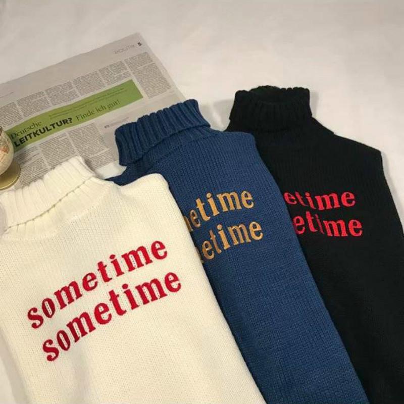 Pofulove Turtleneck Sweater Female Embroidery Loose Autumn Winter Solid Color Couple Wild Sweater