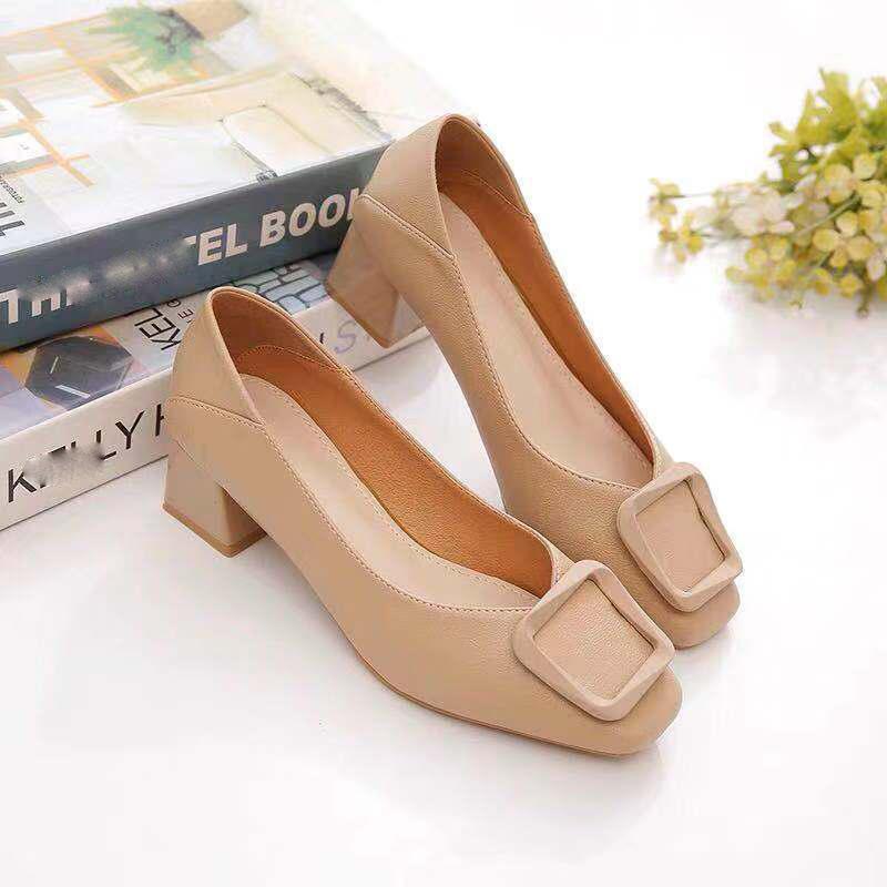 High-heeled Leather Single Shoes Women's Thick-heeled Square-toe Shallow Mouth Work Shoes Soft Leather Slip-on High-heeled Shoes