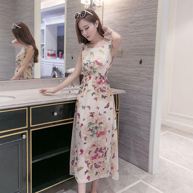 Fashion Bohemian Floral Print Dress Strap Long Beach Dress Sleeveless Summer Printed Midi Dress