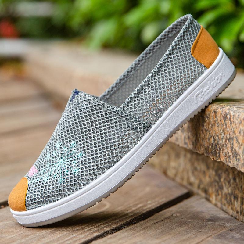 Breathable Net Shoes Women's Low-top Breathable Women's Single Shoes Flat Bottom One-step Embroidered Shoes Ladies Soft Bottom Wear-resistant Leisure