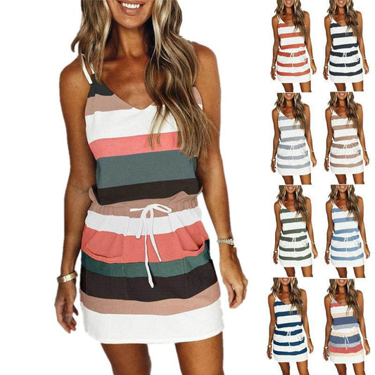 WTEMPO Summer Suspender Dress Women Sexy V-neck Loose Print Stripe S-XXXL Club Party Beach Dress