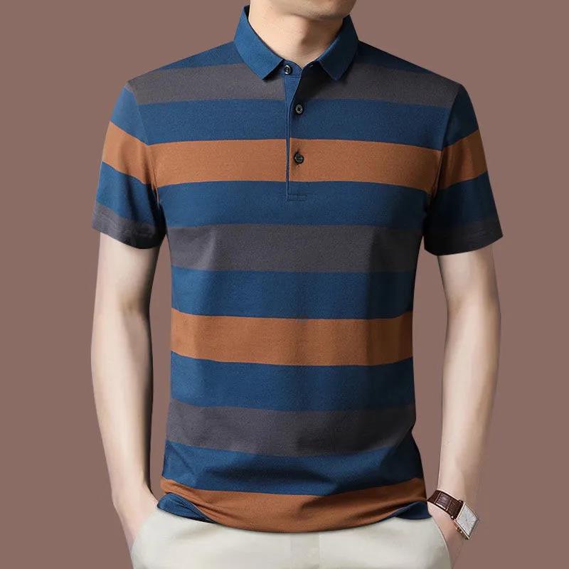 Men's Short Sleeve T-Shirt Lapel Striped POLO Shirt Buttoned Middle-aged Dad Top