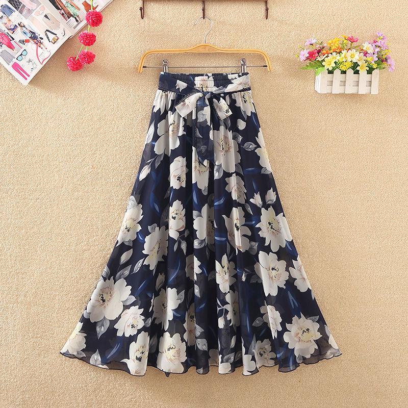 Women's High Waist Mid-length A-line Draping Ruffled Skirt Chiffon Fairy Dress Pleated Floral Skirt Summer