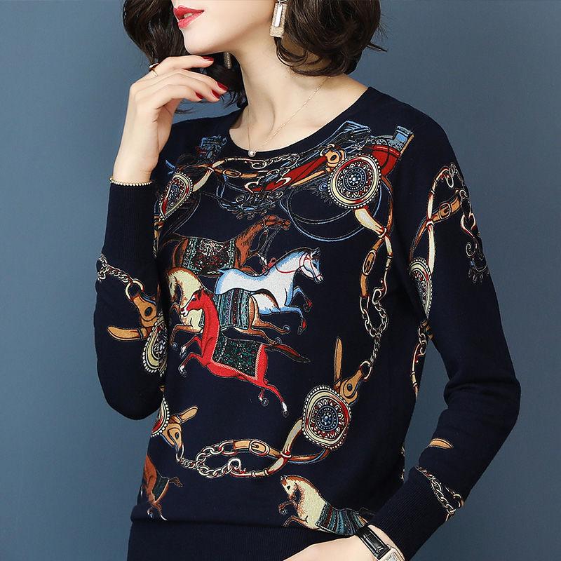 Spring Autumn Winter Women Vintage Printed Woolen Sweater Thicken Warm Pullover Knitted Sweater Knit Top Bottoming /Outer Wear