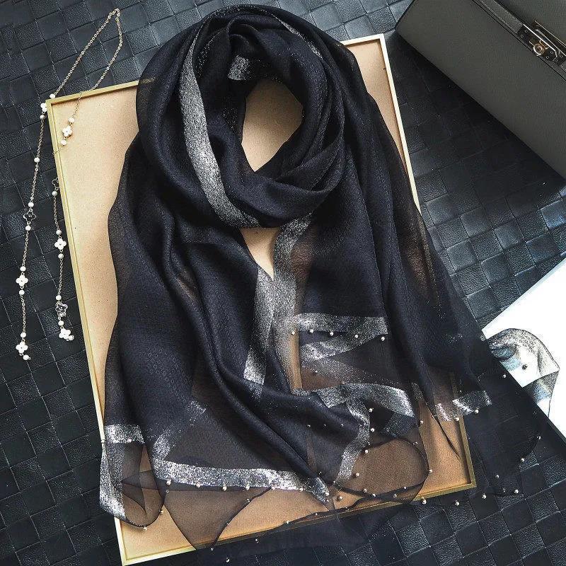 Women's Boutique Silk Scarf Mulberry Silk Scarf Warm Autumn and Winter Shawl Scarf Embroidered Gauze Scarves Pearl Hem Decor Neckerchief Solid Shawl