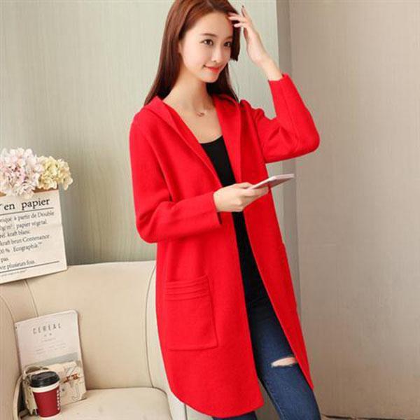 Autumn and Winter Hooded Knitted Jacket Temperament Loose Thick Coat Mid-length All-match Cardigan Female Jacket