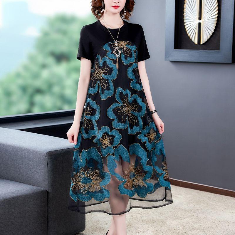 Large Siz M-XXXXL Summer Loose Chiffon Round Neck Exquisite Embroidery Pattern Stitching Mid-length Skirt