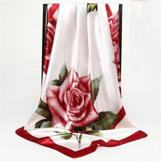 Square Silk Imitation Satin Women Elegant Scarf  Flower Wrap Shawl All-match Headscarf Sunscreen Gauze Shawl