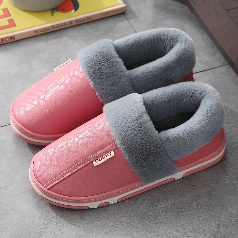 Bag Heel PU Leather Waterproof Winter Cotton Slippers Women's Indoor Household Non-slip Home Warm Cotton Shoes