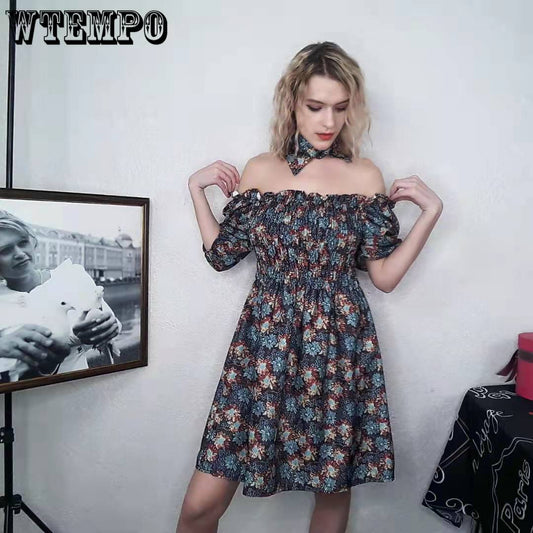 Bohemian Unique Design Woman Summer Retro Floral Dress Elastic Waist Puff Sleeve Pleated Sexy Off-shoulder Party Dress