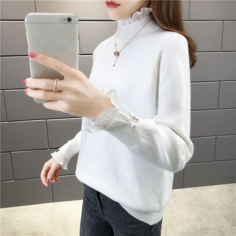 Ruffles Lace Stitching Collar Fake Two-piece Warm Sweater Female Thick  Pullover Sweater Short Stretch Slim Knitwear Bottoming or Outwear