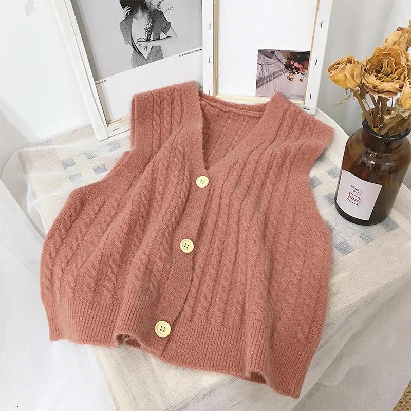 Candy Color Japanese Twist Knit Vest Women's Cardigan Jacket Short Loose Loose Wild Sweater Vest Sleeveless Waistcoat Waistcoat Sweet Style