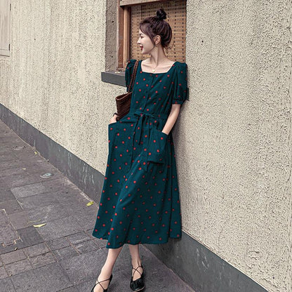 Female Graceful Dress Close Waist Show Thin Chiffon Lively Witty Sweet French Elegant Summer Slim Dress