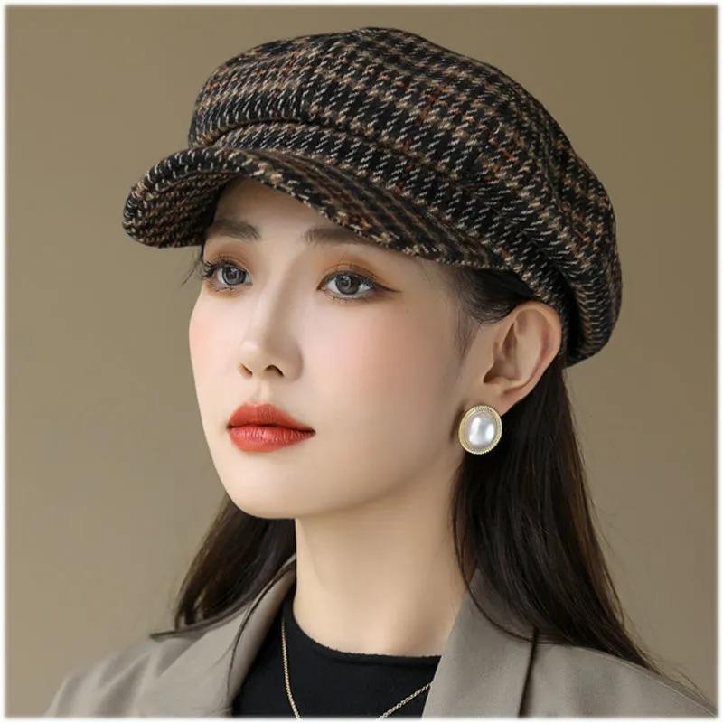 Women's Vintage Plaid Beret All-match Winter Octagonal Hat Ladies Round Face Spring Autumn Warm Korean Retro Top Hat Woolen Striped Painter Hat